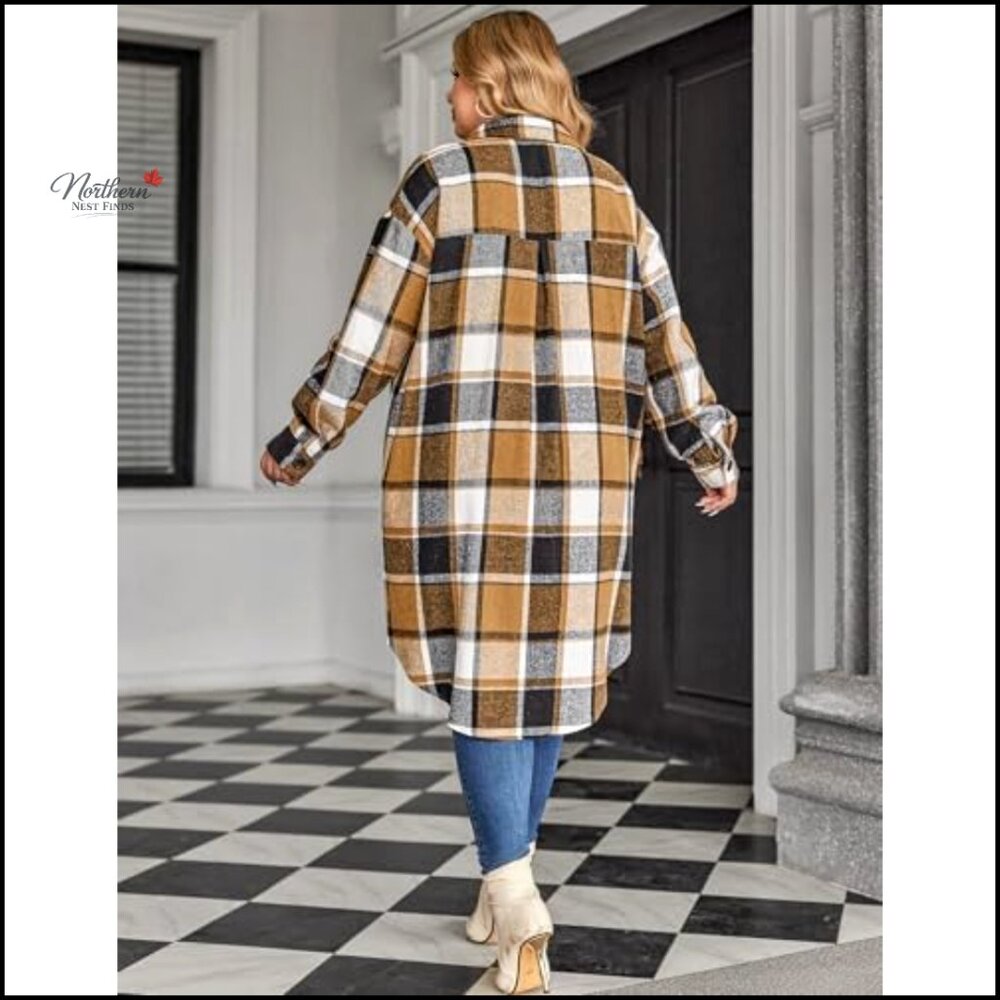 Plus Size Flannel Plaid Button Down Shirt Long Sleeve Shacket Jacket - Picture 5 of 7